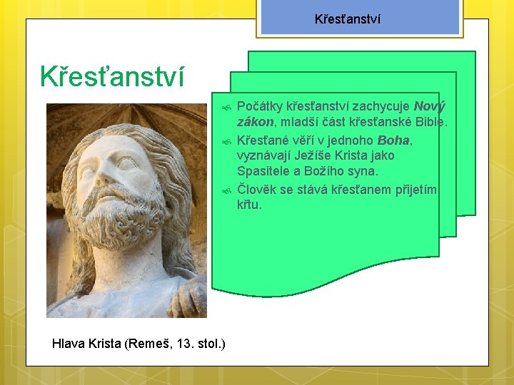 Křesťanství Hlava Krista (Remeš, 13. stol. ) Počátky křesťanství zachycuje Nový zákon, mladší část