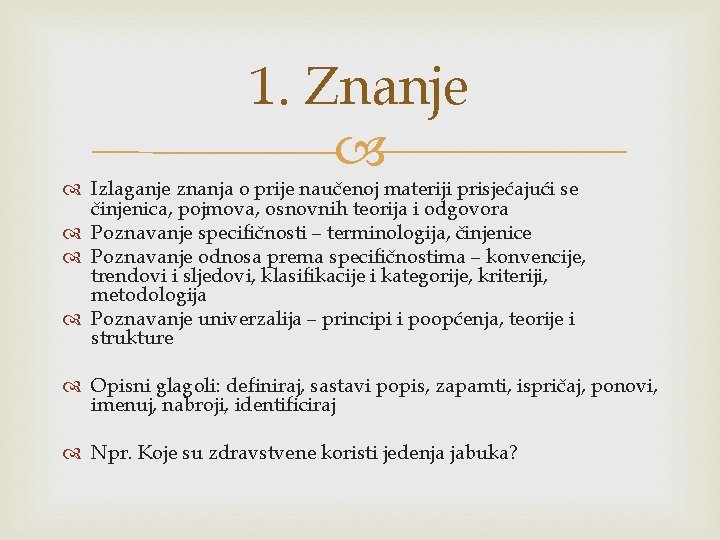 1. Znanje Izlaganje znanja o prije naučenoj materiji prisjećajući se činjenica, pojmova, osnovnih teorija