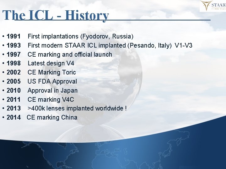 The ICL - History • • • 1991 First implantations (Fyodorov, Russia) 1993 First