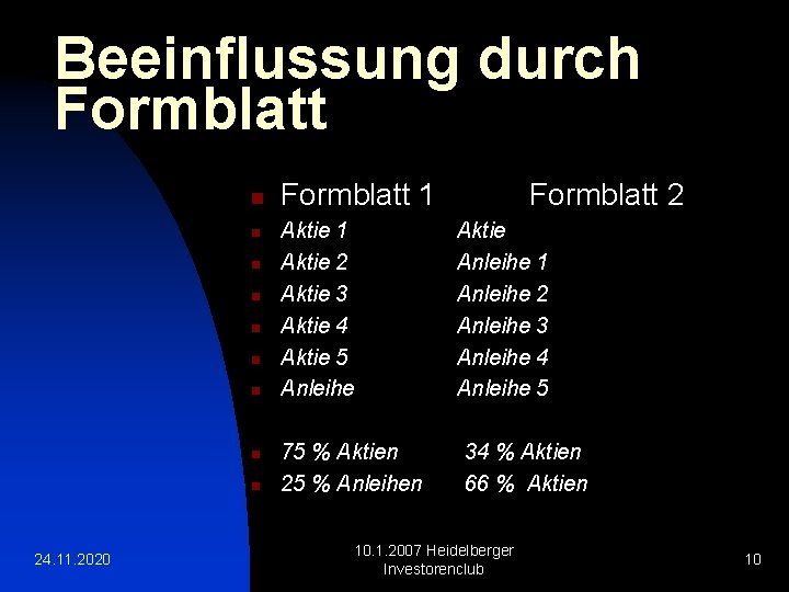Beeinflussung durch Formblatt n n n n n 24. 11. 2020 Formblatt 1 Aktie