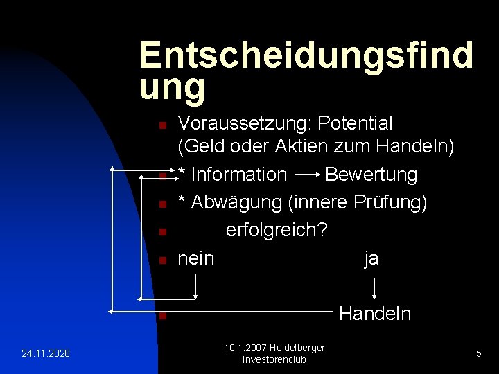 Entscheidungsfind ung n n n Voraussetzung: Potential (Geld oder Aktien zum Handeln) * Information