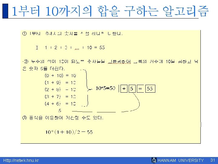 1부터 10까지의 합을 구하는 알고리즘 Http: //netwk. hnu. kr HANNAM UNIVERSITY 31 