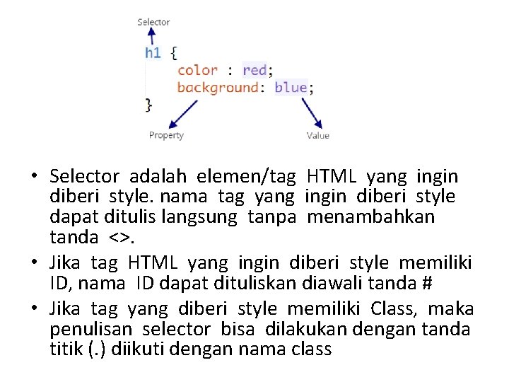  • Selector adalah elemen/tag HTML yang ingin diberi style. nama tag yang ingin
