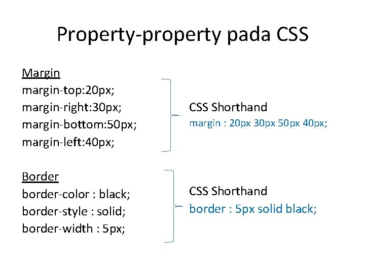 Property-property pada CSS Margin margin-top: 20 px; margin-right: 30 px; margin-bottom: 50 px; margin-left: