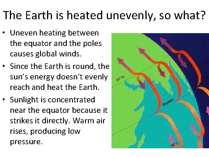 The Earth is heated unevenly, so what? • Uneven heating between the equator and