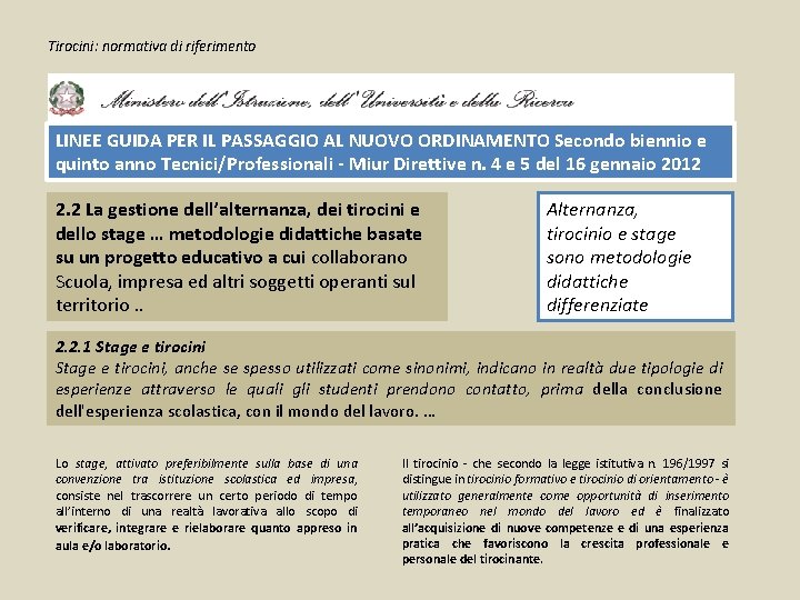 Tirocini: normativa di riferimento LINEE GUIDA PER IL PASSAGGIO AL NUOVO ORDINAMENTO Secondo biennio