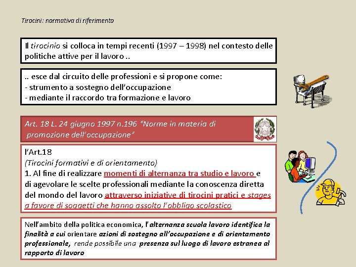 Tirocini: normativa di riferimento Il tirocinio si colloca in tempi recenti (1997 – 1998)