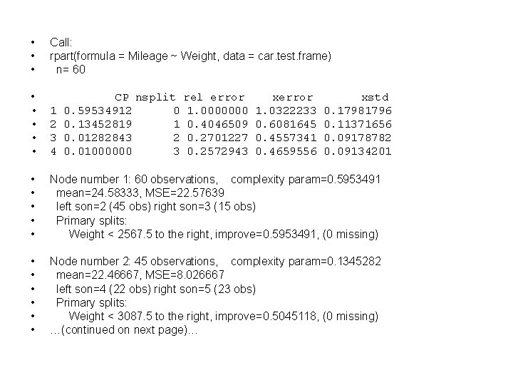  • • • Call: rpart(formula = Mileage ~ Weight, data = car. test.