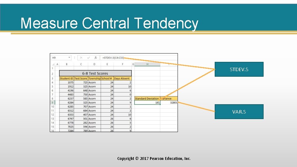 Measure Central Tendency STDEV. S VAR. S Copyright © 2017 Pearson Education, Inc. 