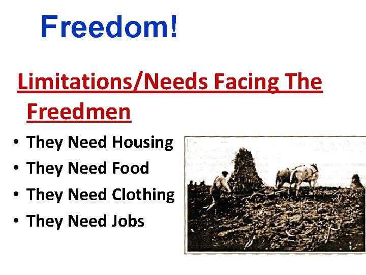 Freedom! Limitations/Needs Facing The Freedmen • • They Need Housing They Need Food They