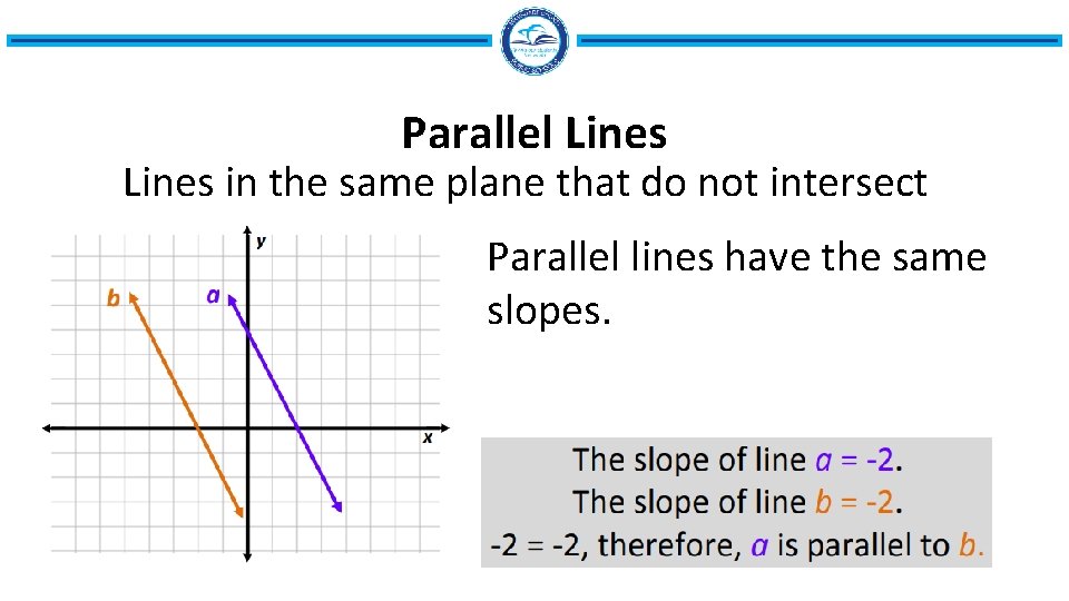 Parallel Lines in the same plane that do not intersect Parallel lines have the