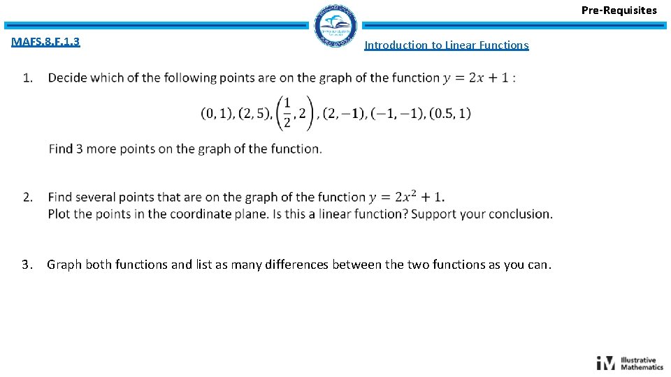Pre-Requisites MAFS. 8. F. 1. 3 Introduction to Linear Functions 3. Graph both functions