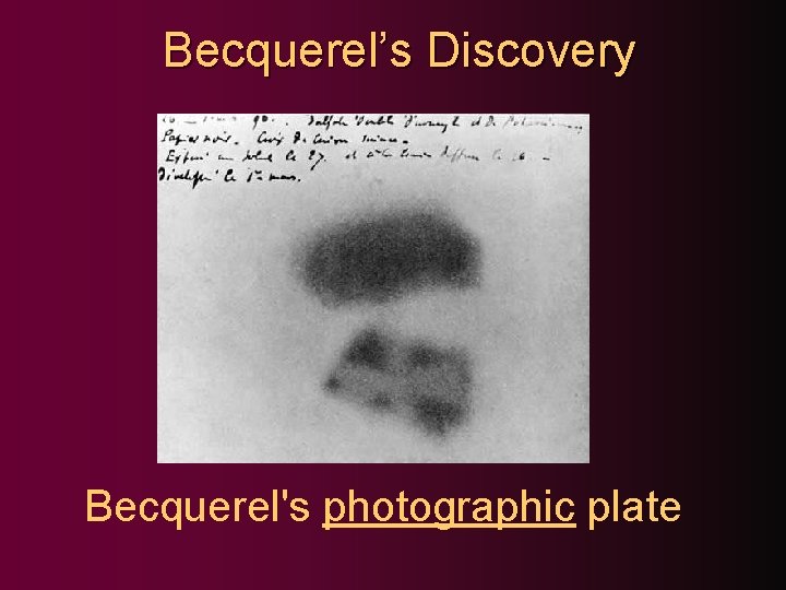 Becquerel’s Discovery Becquerel's photographic plate 