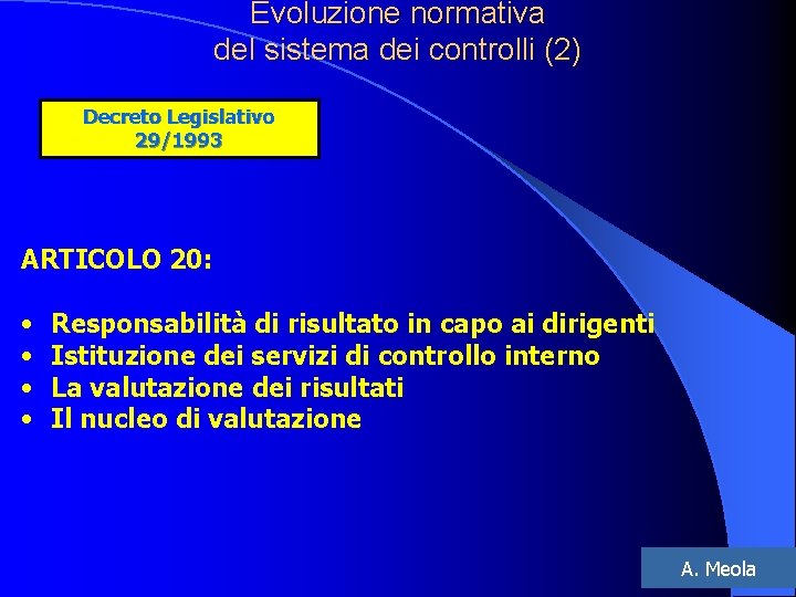 Evoluzione normativa del sistema dei controlli (2) Decreto Legislativo 29/1993 ARTICOLO 20: • •