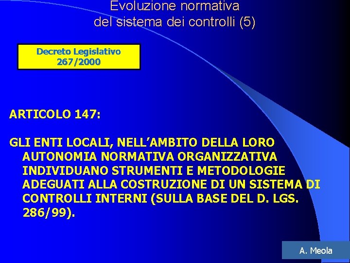 Evoluzione normativa del sistema dei controlli (5) Decreto Legislativo 267/2000 ARTICOLO 147: GLI ENTI