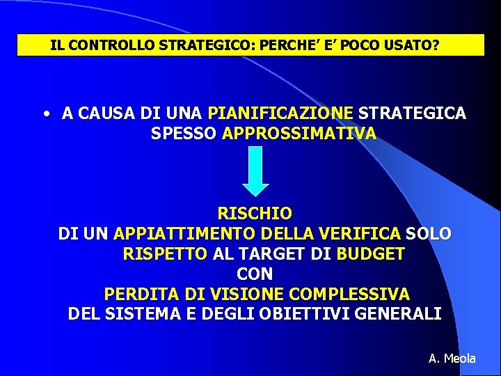 IL CONTROLLO STRATEGICO: PERCHE’ E’ POCO USATO? • A CAUSA DI UNA PIANIFICAZIONE STRATEGICA