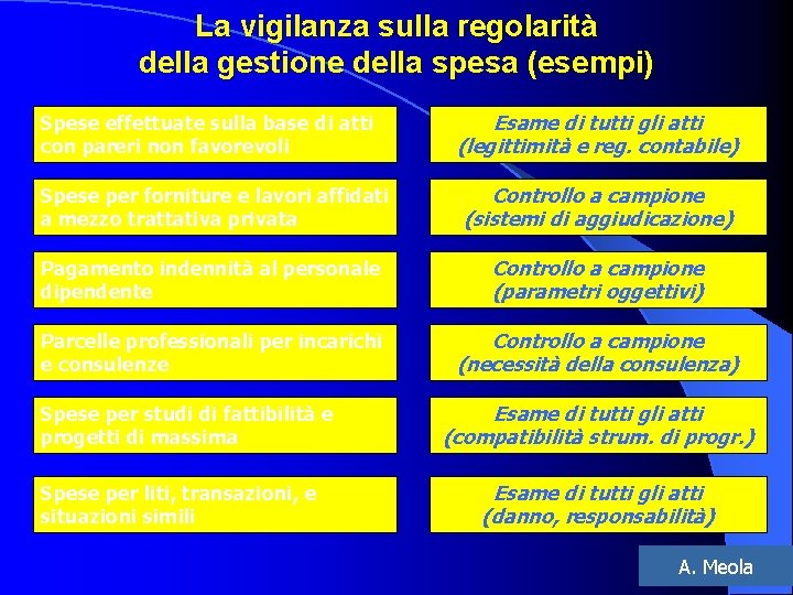 La vigilanza sulla regolarità della gestione della spesa (esempi) Spese effettuate sulla base di