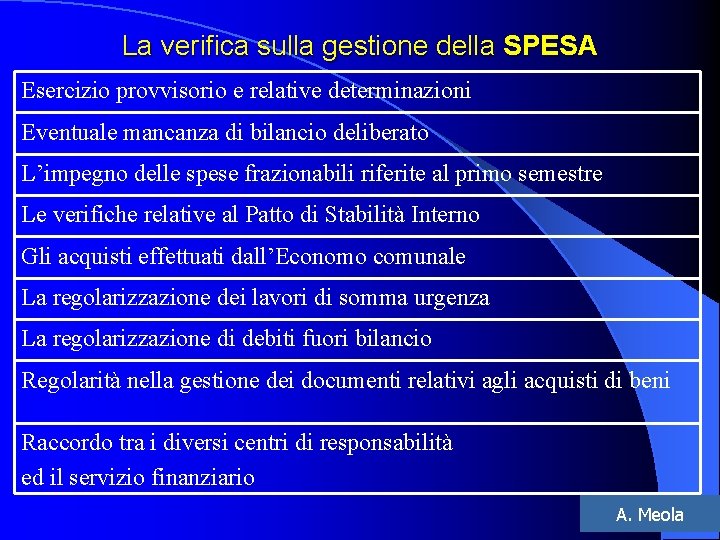 La verifica sulla gestione della SPESA Esercizio provvisorio e relative determinazioni Eventuale mancanza di