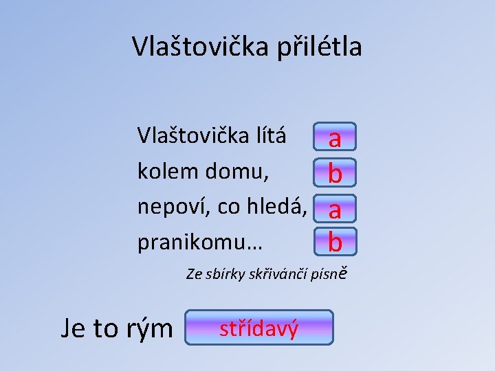 Vlaštovička přilétla Vlaštovička lítá kolem domu, nepoví, co hledá, pranikomu… a b Ze sbírky