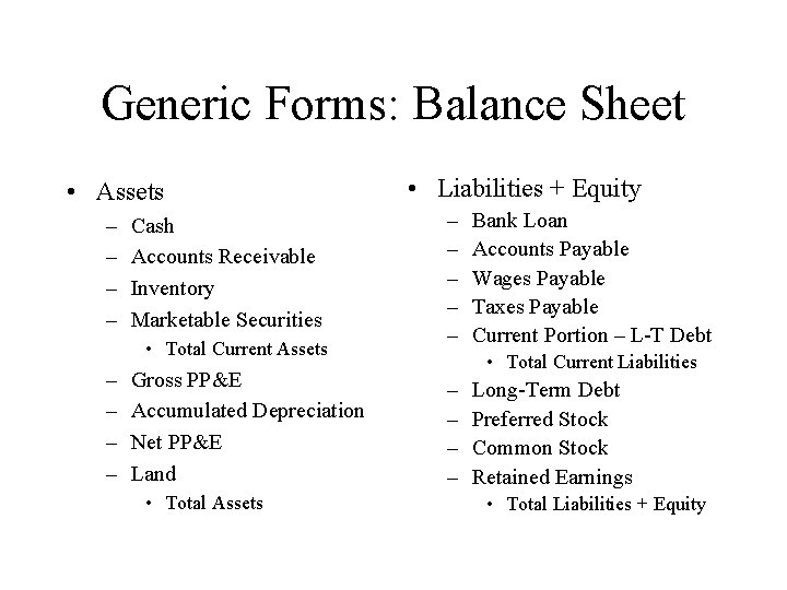 Generic Forms: Balance Sheet • Assets – – Cash Accounts Receivable Inventory Marketable Securities