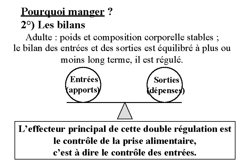 Pourquoi manger ? 2°) Les bilans Adulte : poids et composition corporelle stables ;