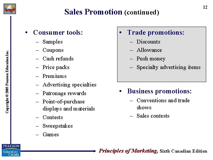 Sales Promotion (continued) Copyright © 2005 Pearson Education Inc. • Consumer tools: – –