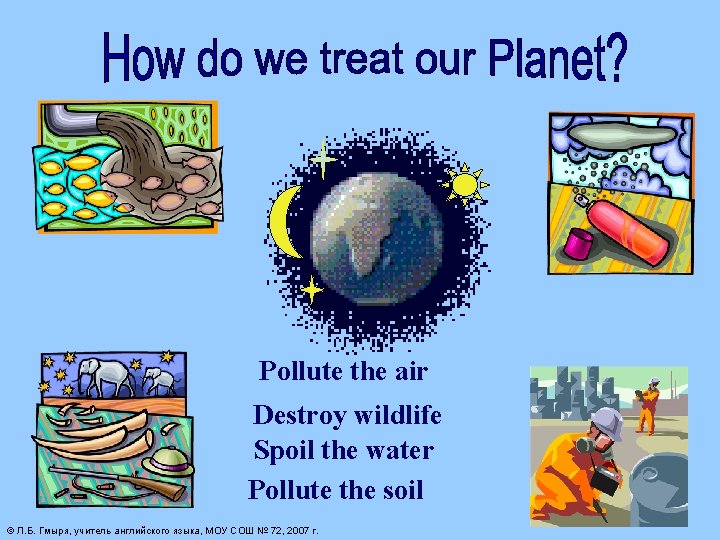 Pollute the air Destroy wildlife Spoil the water Pollute the soil © Л. Б.