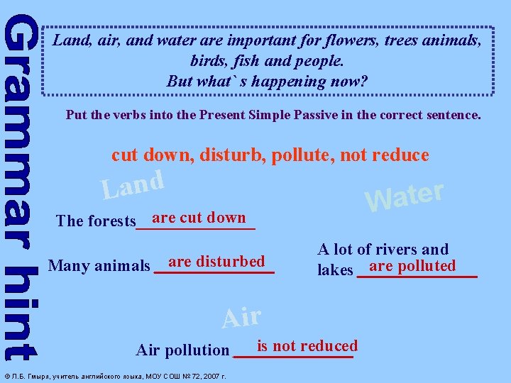Land, air, and water are important for flowers, trees animals, birds, fish and people.