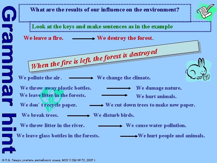 What are the results of our influence on the environment? Look at the keys