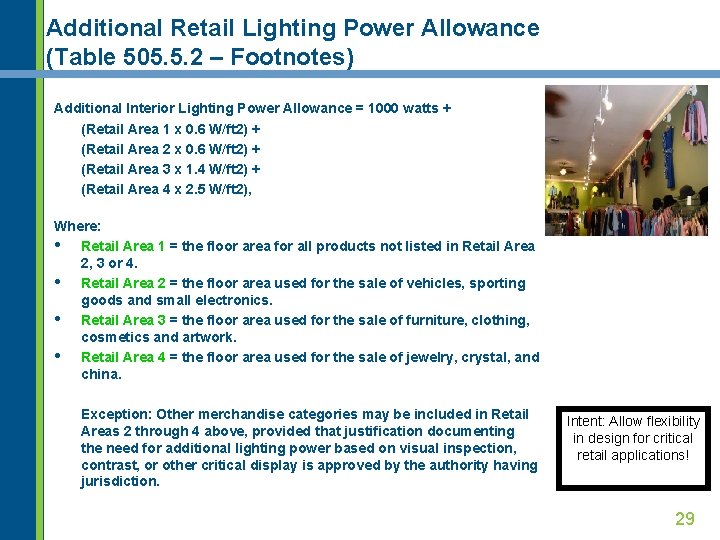 Additional Retail Lighting Power Allowance (Table 505. 5. 2 – Footnotes) Additional Interior Lighting