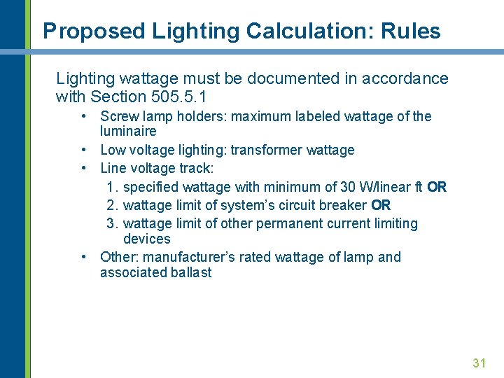 Proposed Lighting Calculation: Rules Lighting wattage must be documented in accordance with Section 505.