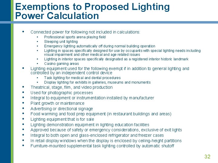 Exemptions to Proposed Lighting Power Calculation • Connected power following not included in calculations: