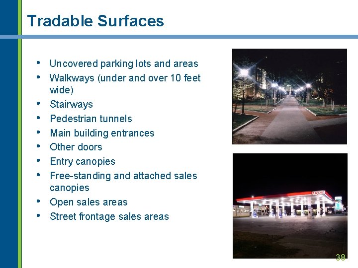 Tradable Surfaces • • • Uncovered parking lots and areas Walkways (under and over