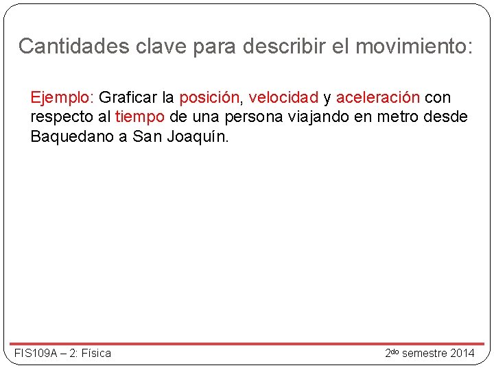 Cantidades clave para describir el movimiento: Ejemplo: Graficar la posición, velocidad y aceleración con