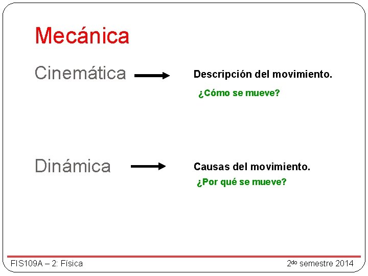 Mecánica Cinemática Descripción del movimiento. ¿Cómo se mueve? Dinámica Causas del movimiento. ¿Por qué