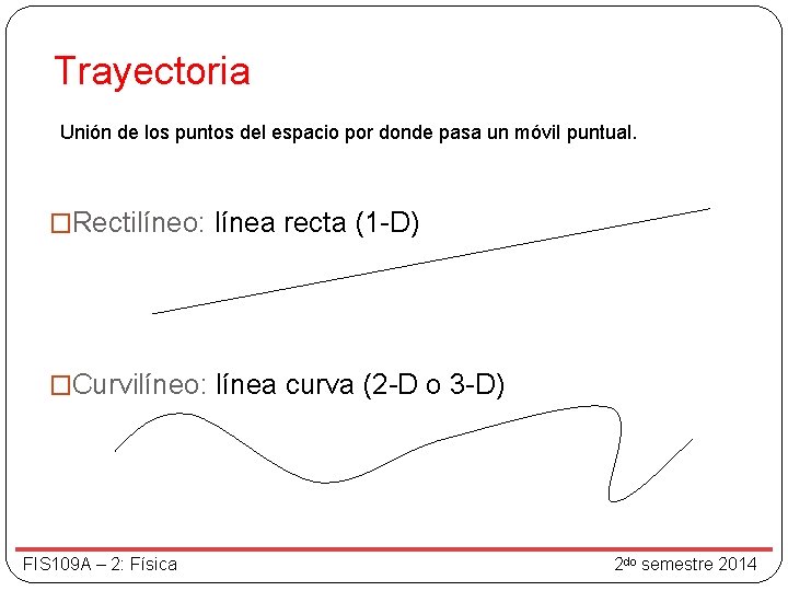 Trayectoria Unión de los puntos del espacio por donde pasa un móvil puntual. �Rectilíneo: