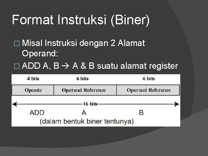 Format Instruksi (Biner) � Misal Instruksi dengan 2 Alamat Operand: � ADD A, B