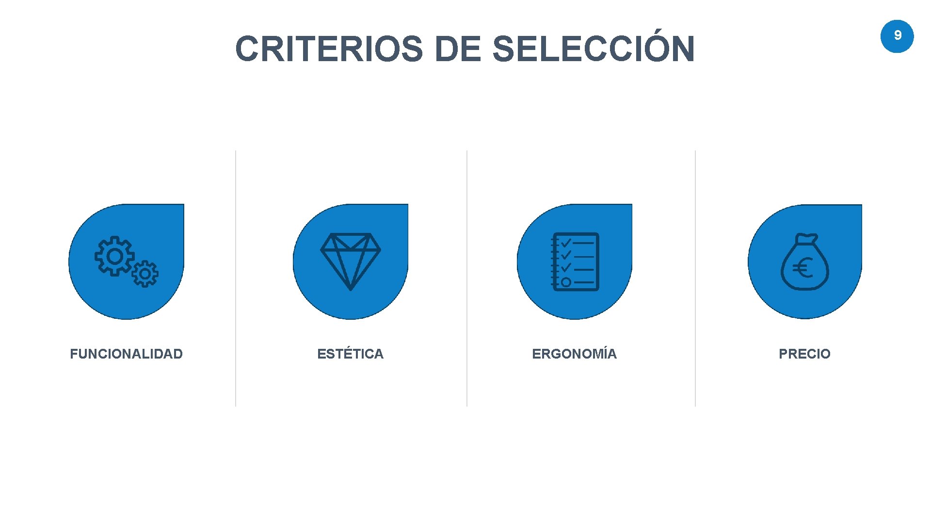 9 CRITERIOS DE SELECCIÓN FUNCIONALIDAD ESTÉTICA ERGONOMÍA PRECIO 9 CRITERIOS DE SELECCIÓN FUNCIONALIDAD ESTÉTICA ERGONOMÍA PRECIO