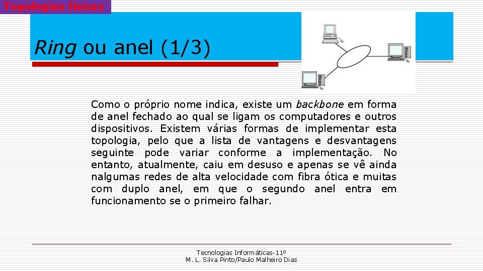 Topologias físicas Ring ou anel (1/3) Como o próprio nome indica, existe um backbone