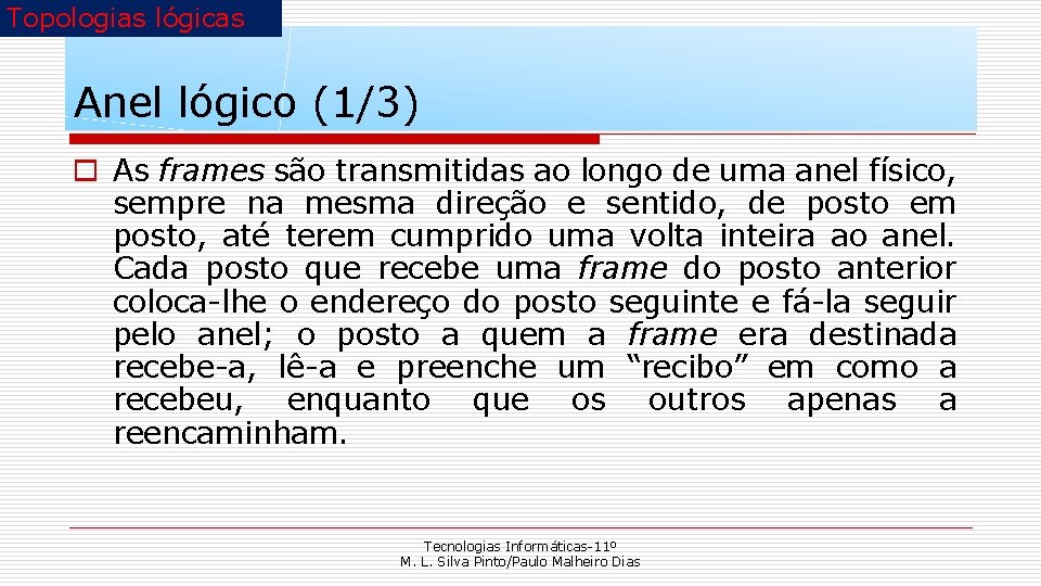 Topologias lógicas Anel lógico (1/3) o As frames são transmitidas ao longo de uma