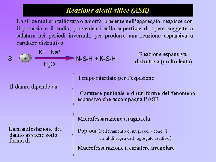 Reazione alcali-silice (ASR) La silice mal cristallizzata o amorfa, presente nell’aggregato, reagisce con il