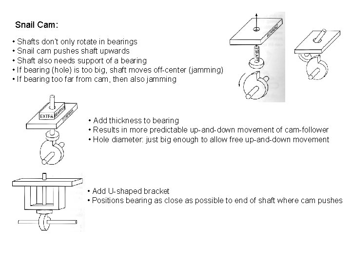 Snail Cam: • Shafts don’t only rotate in bearings • Snail cam pushes shaft