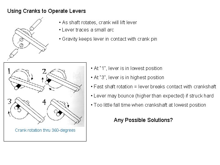 Using Cranks to Operate Levers • As shaft rotates, crank will lift lever •