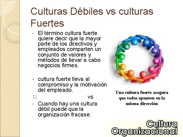 Culturas Débiles vs culturas Fuertes • El término cultura fuerte quiere decir que la