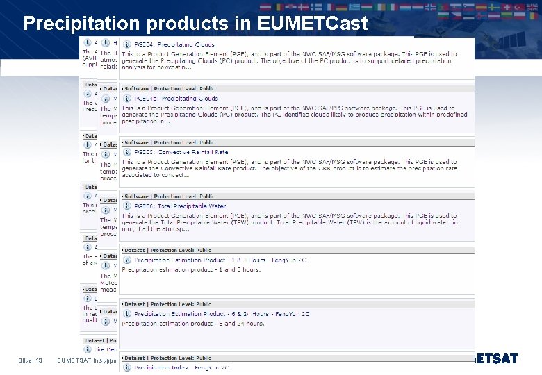 Precipitation products in EUMETCast Slide: 13 EUMETSAT in support of precipitation monitoring, December 2009