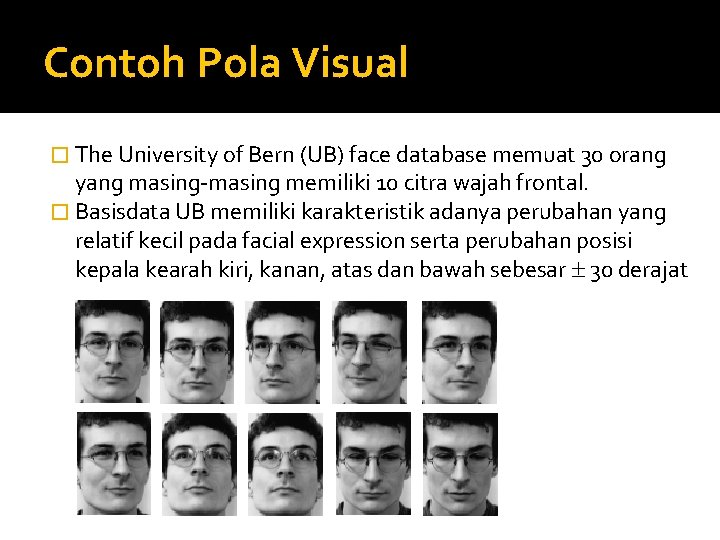 Contoh Pola Visual � The University of Bern (UB) face database memuat 30 orang