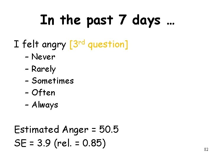 In the past 7 days … I felt angry [3 rd question] – –