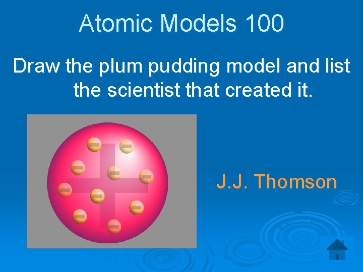 Atomic Models 100 Draw the plum pudding model and list the scientist that created