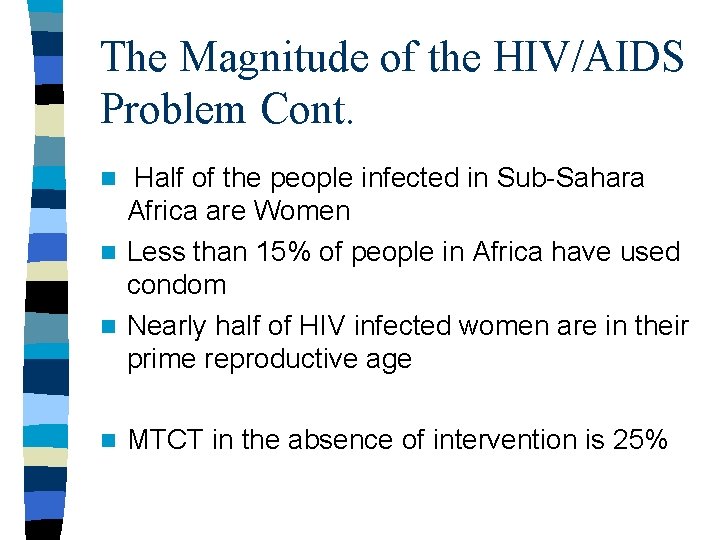 The Magnitude of the HIV/AIDS Problem Cont. Half of the people infected in Sub-Sahara