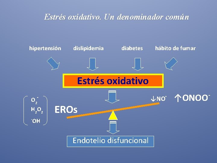 Estrés oxidativo. Un denominador común hipertensión dislipidemia diabetes hábito de fumar Estrés oxidativo O